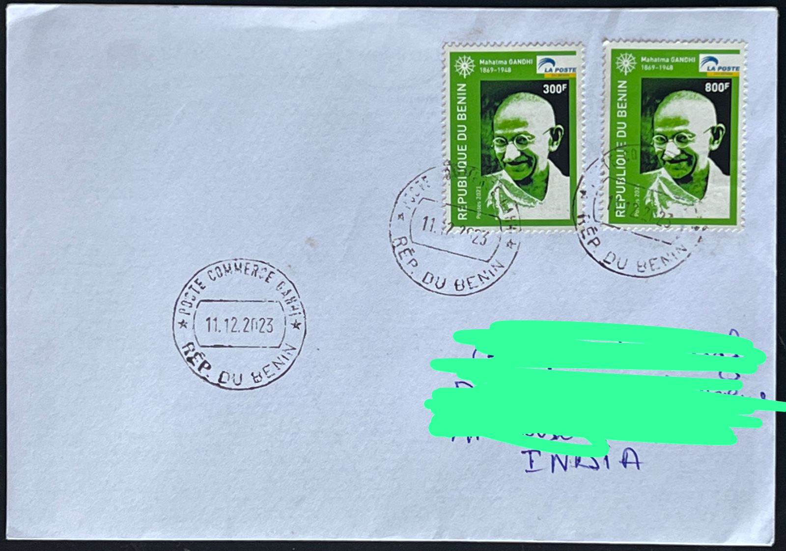 Benin 2021 Mahatma Gandhi 2 different Stamps ( 300f & 800f) used Commercially on Cover with Dely Cancellation on back( Rare Country to get cover from)