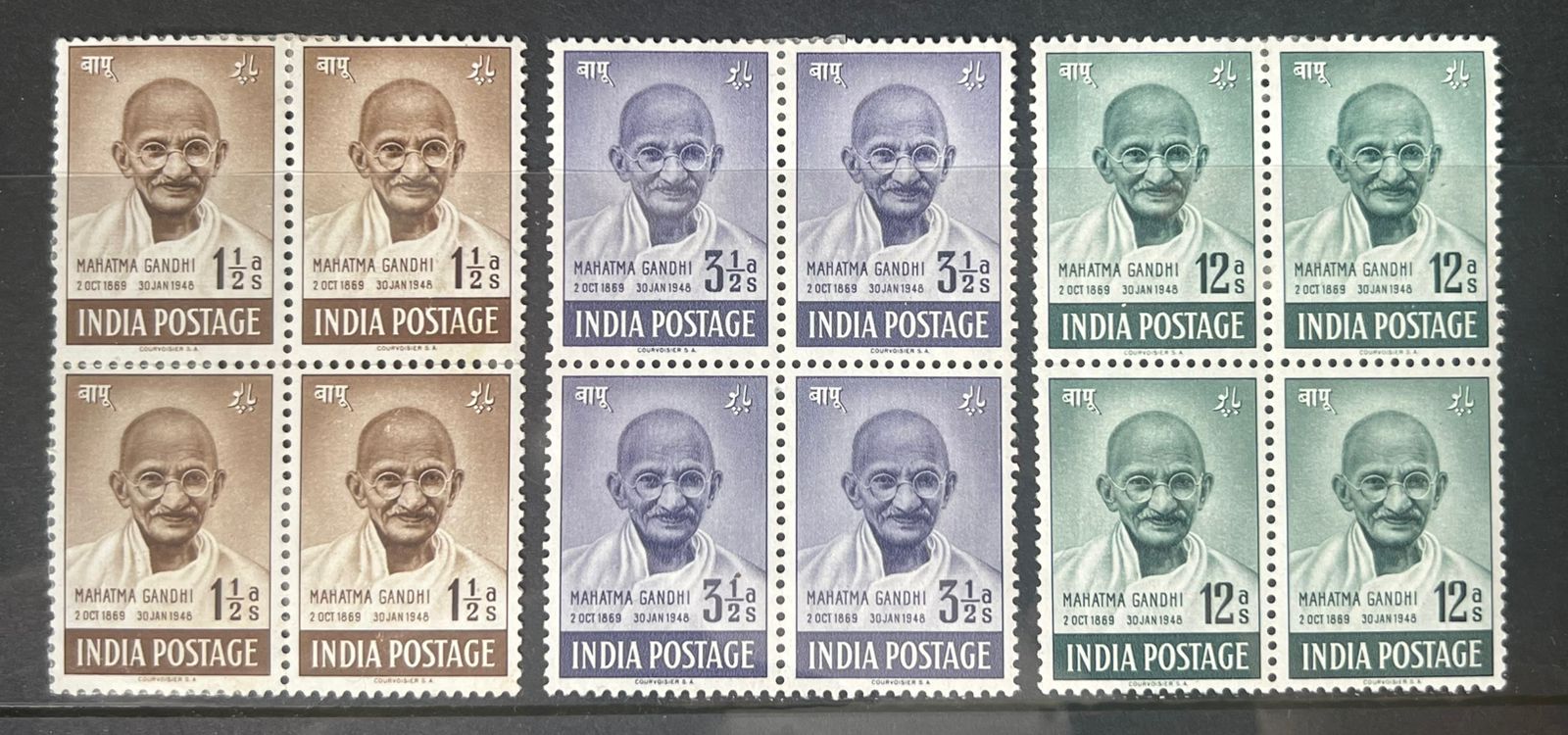 India 1948 Mahatma Gandhi 3v Blocks of 4 MH, Little Gum Disturbance