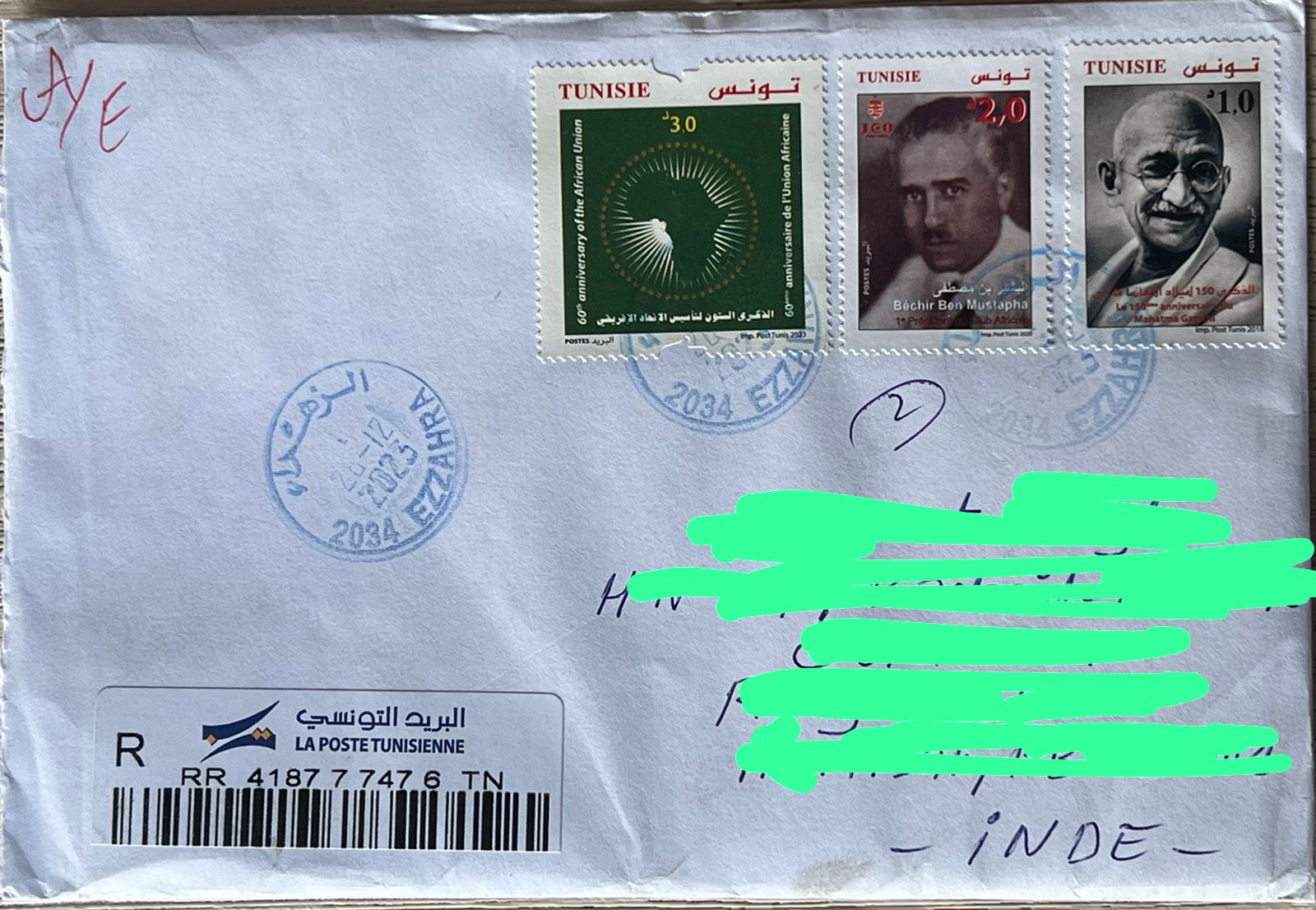 Tunisia 2019 Mahatma Gandhi Stamp used Commercially on Registered Cover