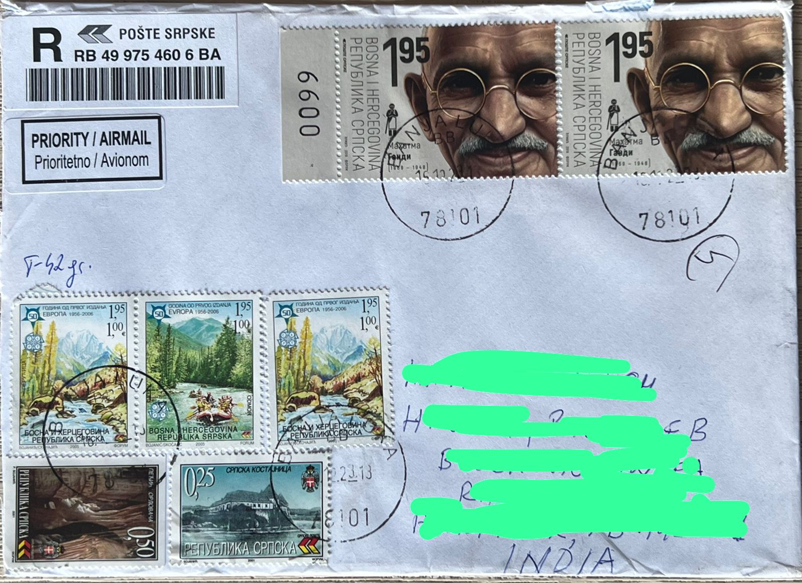Bosnia 2019 Mahatma Gandhi Stamps used Commercially on Registered Cover Scarce