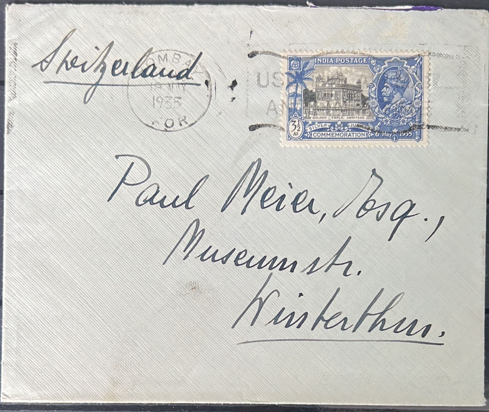 India 1935 Golden Temple Stamp with PERFIN on Cover to Switzerland , Sikhism Rare