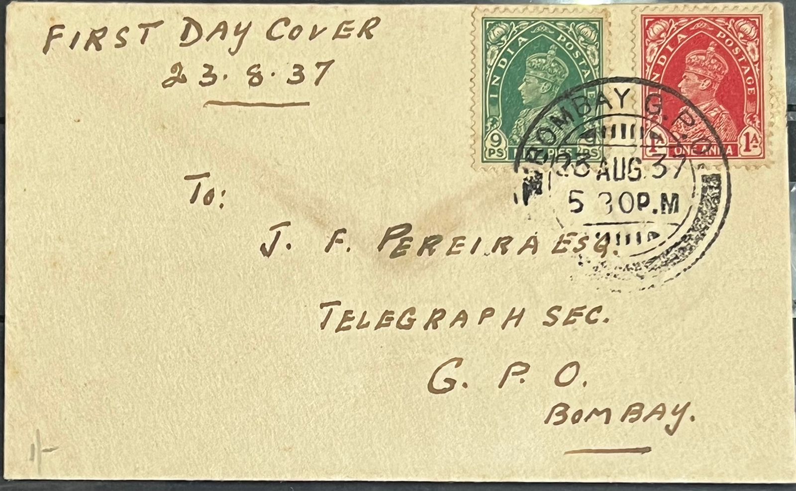 India 1937 KGVI First Two Values First Day cover FDC