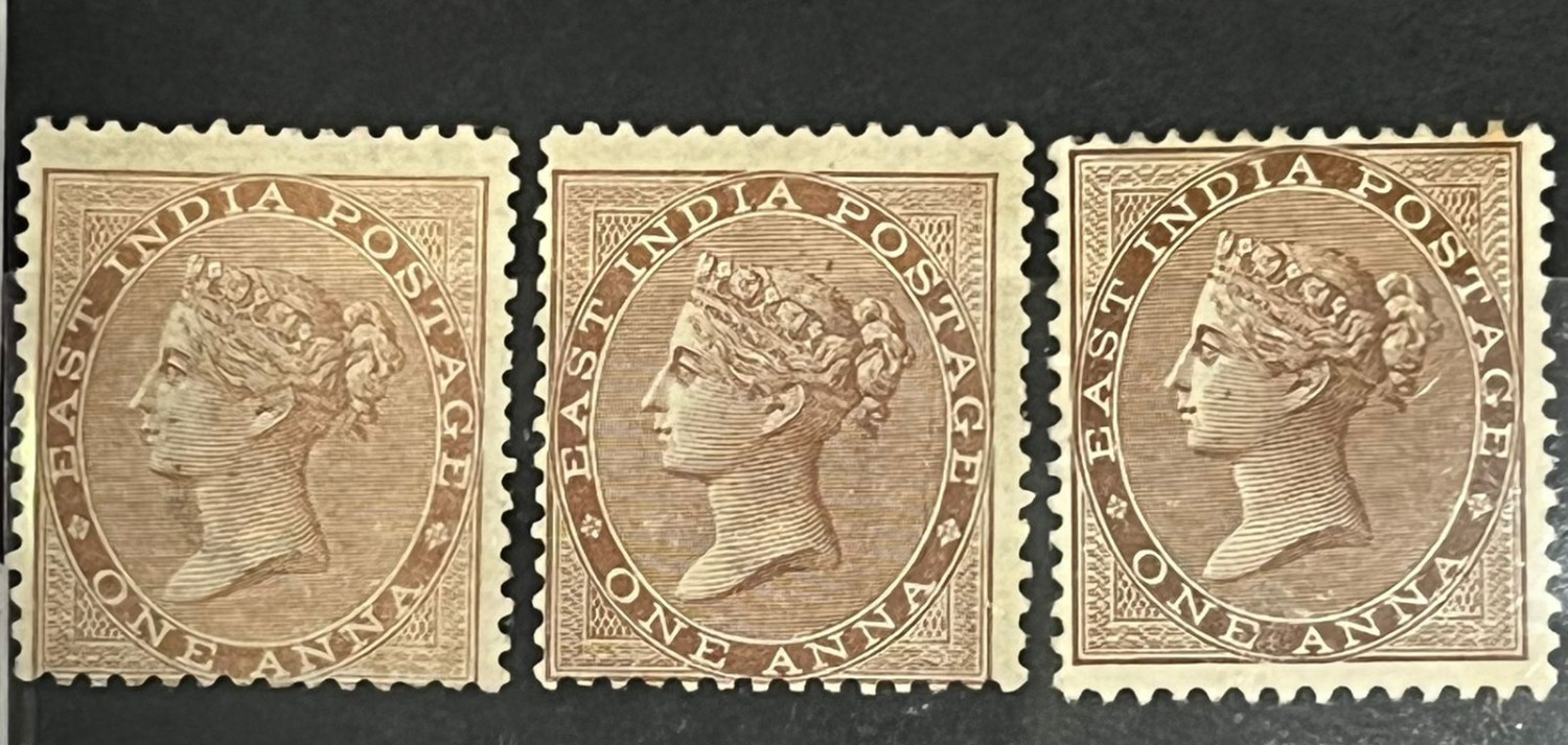 India 1865 QV East India Elephant Head Wmk 1a All Shades Brown , Deep brown, Chocolate SG 58-60 Mint SG Cat val £65