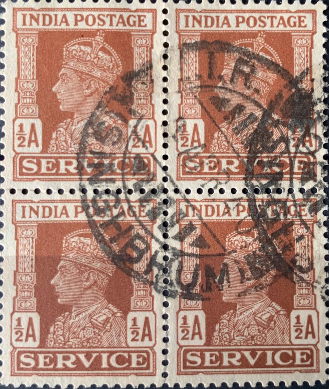 India 1937 KGVI 1/2 anna service block of four fine used