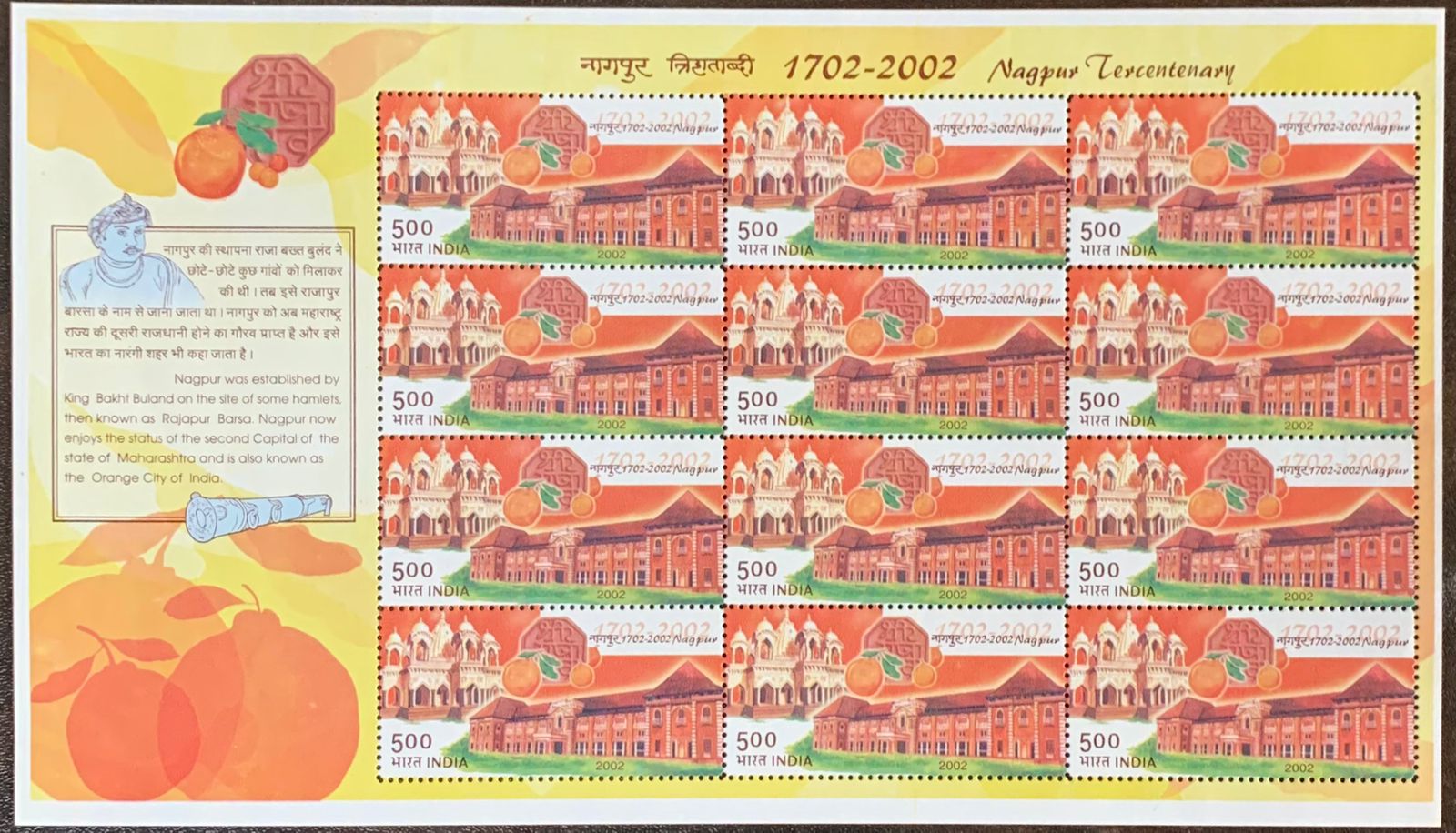 India 2002 300th Anniv. of Nagpur Full Sheet
