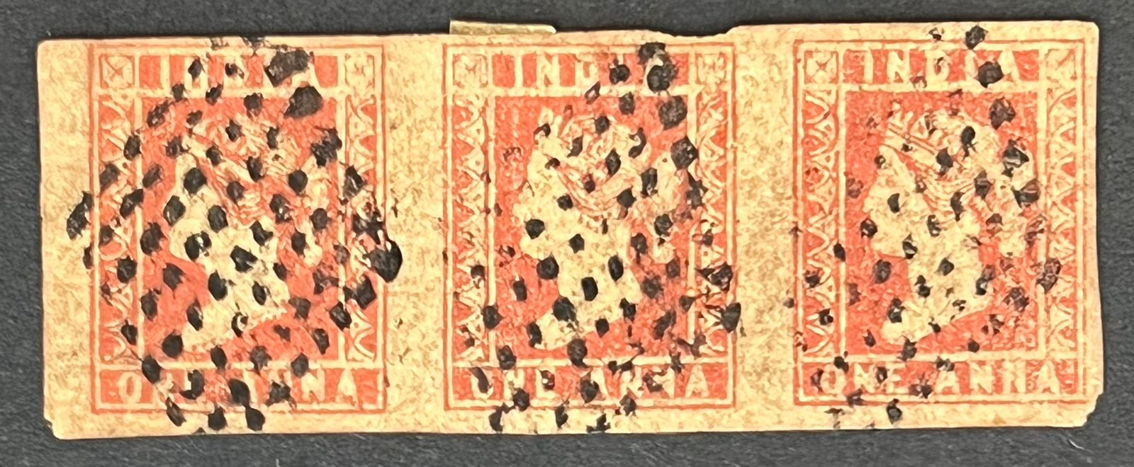 India 1854 1a QV DIE II Red Strip of 3 Used Rare