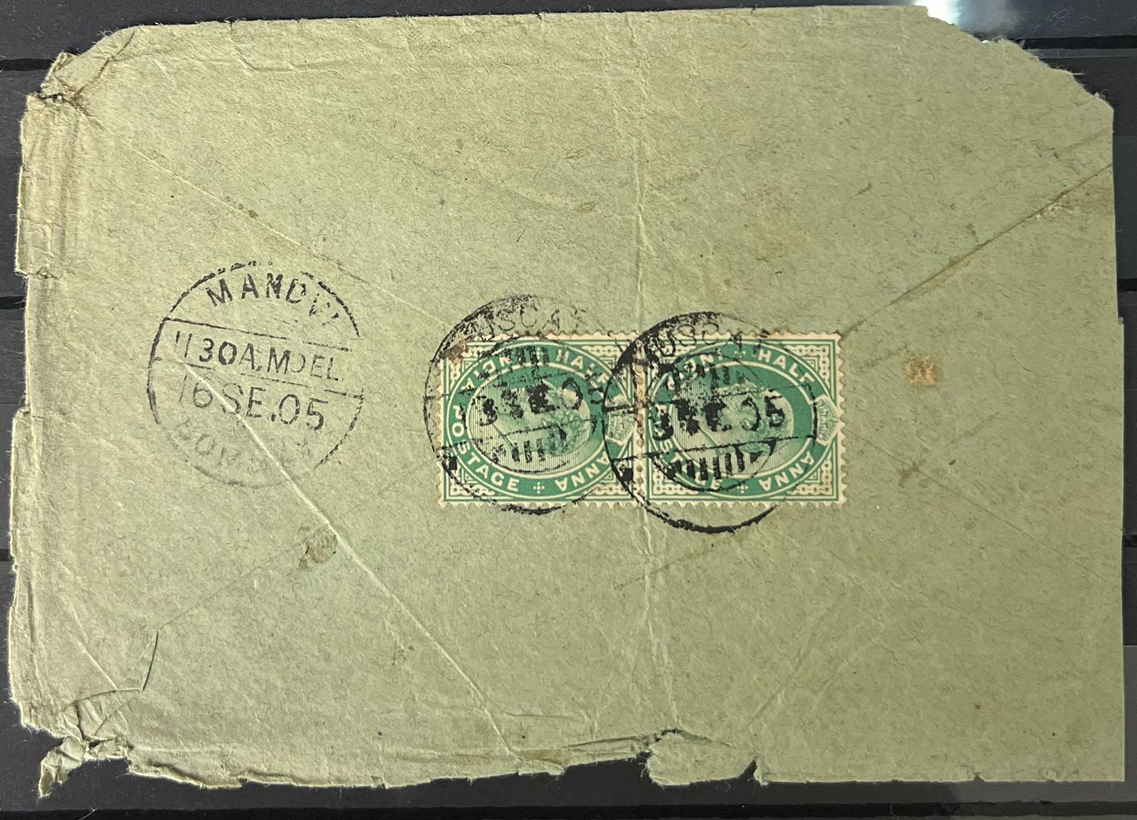 India 1905 KEVII Used Abroad in MUSCAT Cover to Mandvi Rare