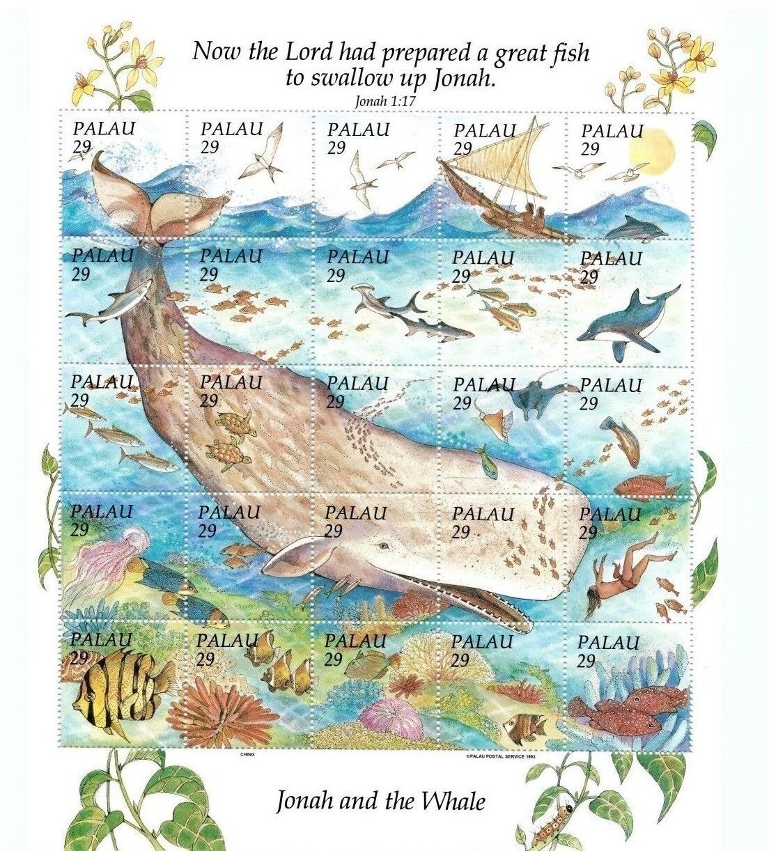 Palau 1993 Bible Stories Jonah & The Whale Christianity Sheet of 25 Stamps  High Value MNH