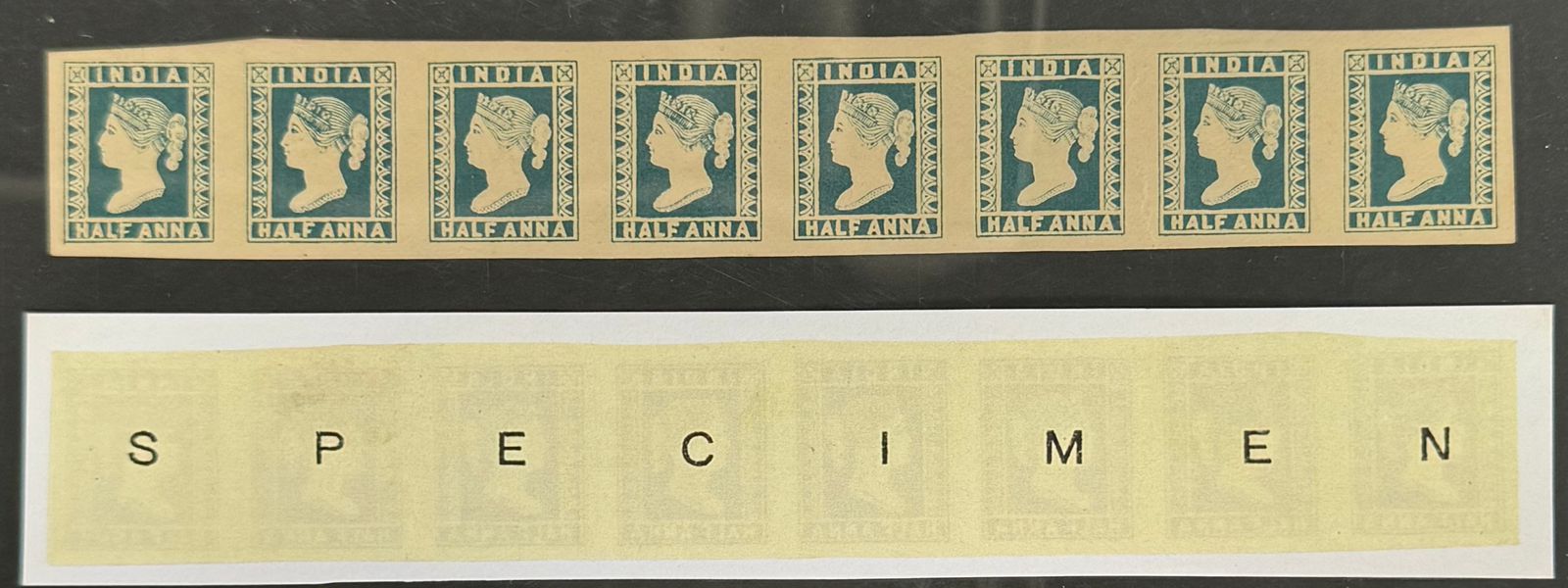 India 1894 Reprint 1/2a dark blue with "SPECIMEN" on reverse spaced out with letter on each stamp, in Strip of 8 Fine and scarce (Spence 108)