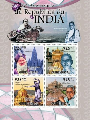 Guinea Bissau 2011 India 60th Republic Aniv - Buddhism Bodh Gaya , Golden Temple , Venkateshvara Temple, Akshardham Hinduism M/s MNH