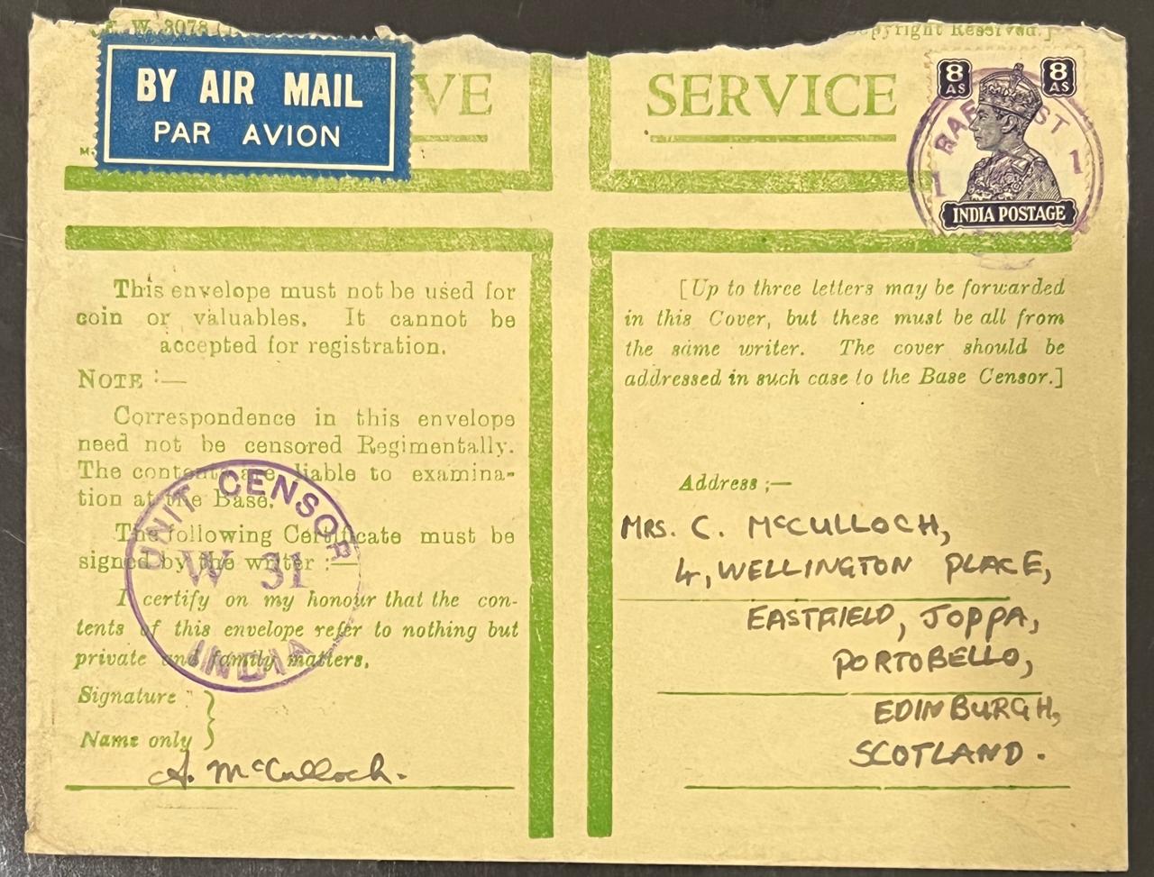 India 1940 RAF Post Censored Cover to Scotland