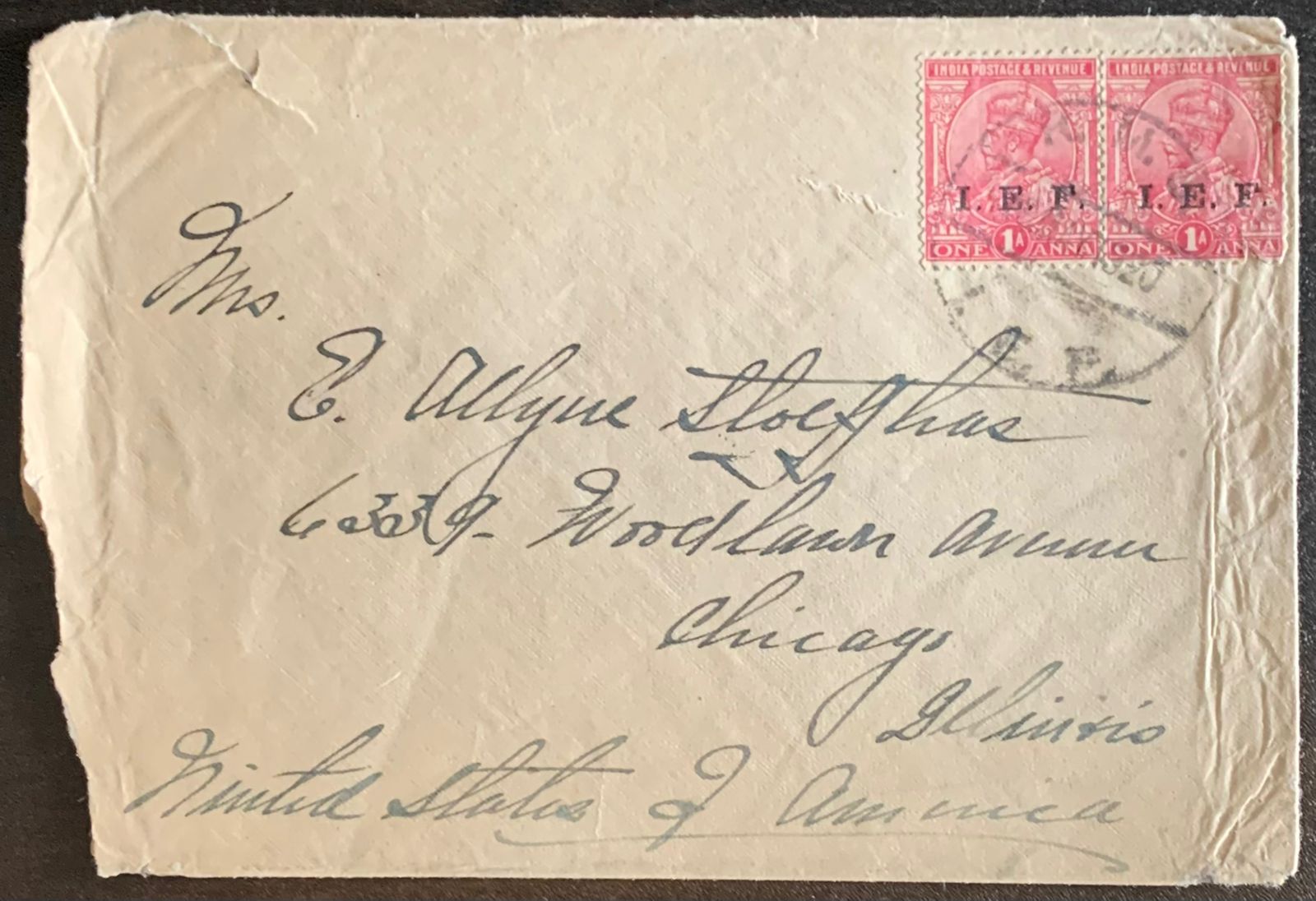 India 1920 KGV I.E.F Cover to USA with IEF Cancellation