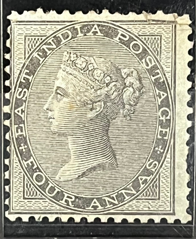 India 1855 QV East India NO WATERMARK SG 35 4as Black on BLUISH PAPER Mint ( First Perforated Stamp on India ) SG Cat Val £1600