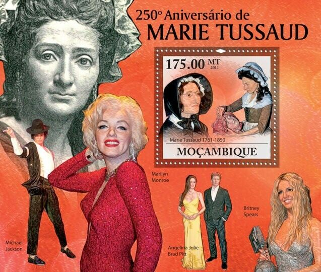 Mozambique 2011 Marie Tussaud Mariln Monoe Britney Spears Angelina Jolie Brad Pitt Michael  M/S MNH