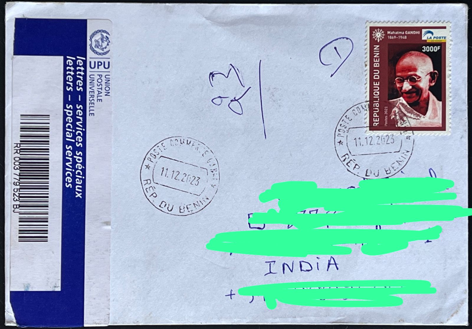 Benin 2021 Mahatma Gandhi Stamp used Commercially on Registered Cover ( Rare Country to get cover from)