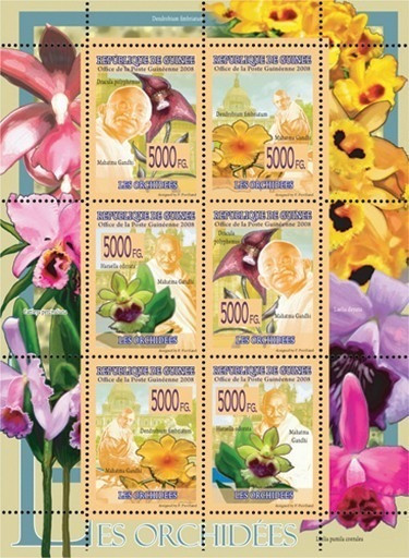 Guinee  2008 Fauna Orchids Mahatma Gandhi M/S MNH