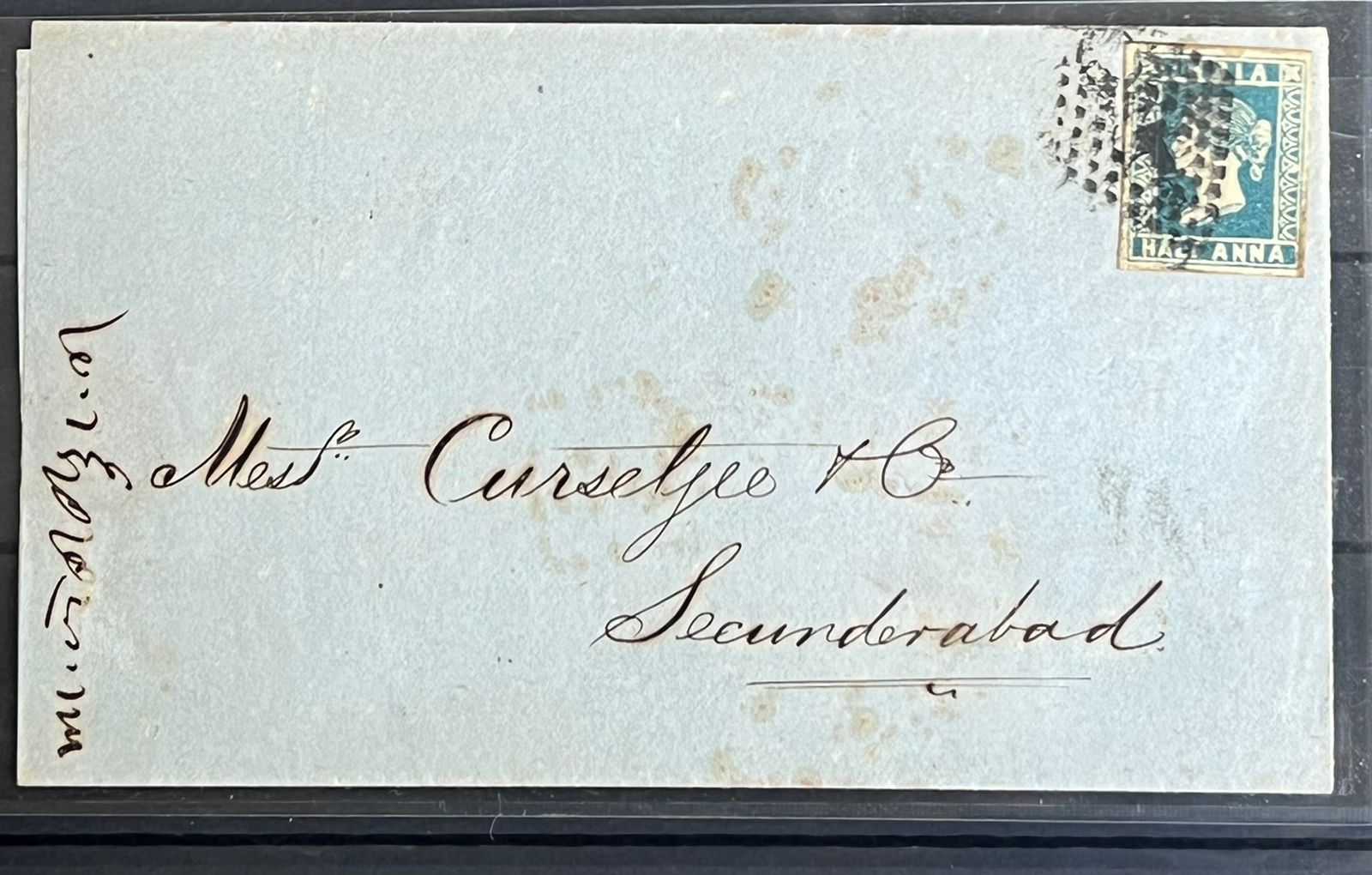 India 1854 QV 1/2a DIE III Greenish Blue on Cover to Secunderabad Rare
