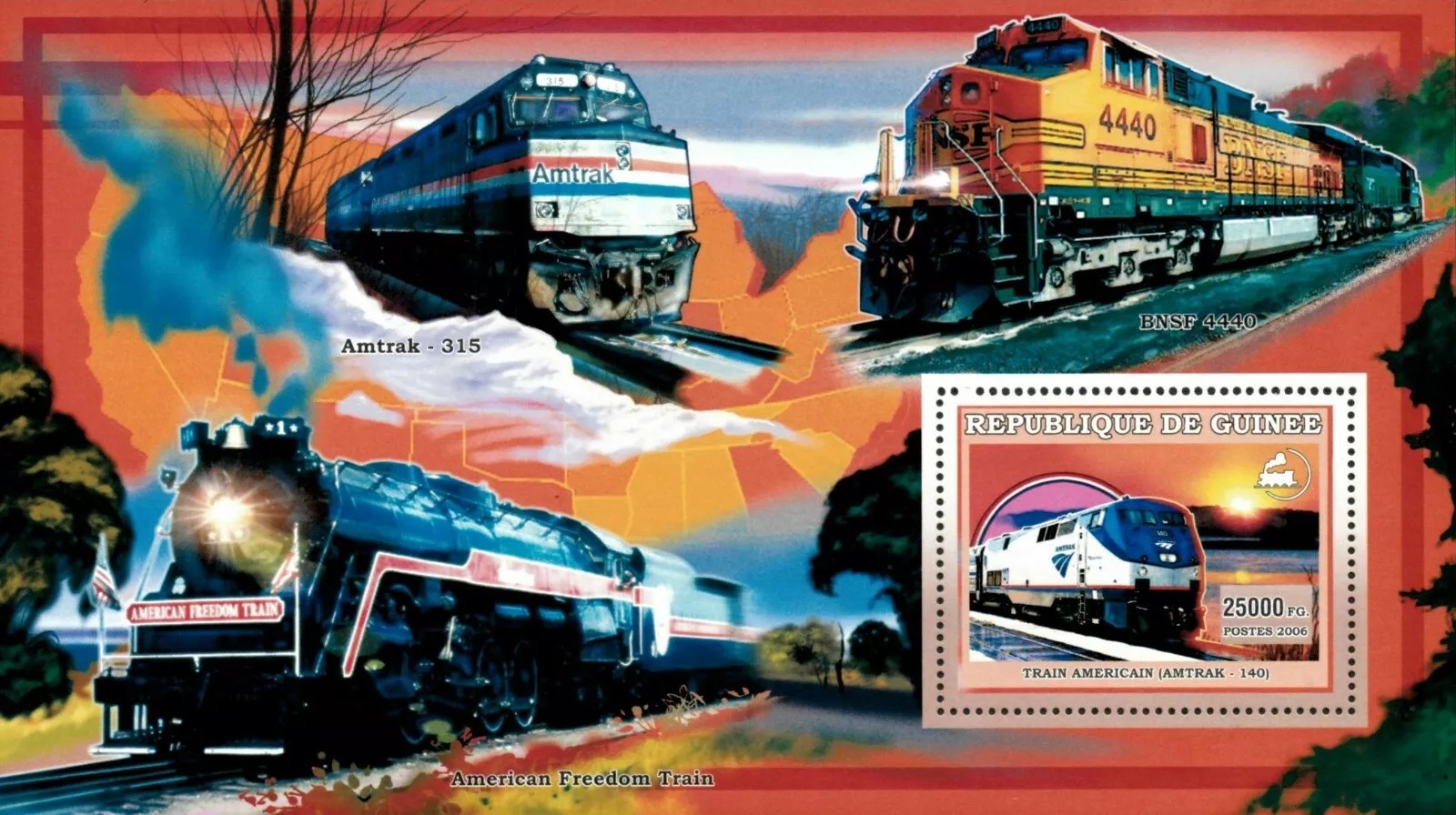 Guinee 2006 American Trains Locomotives Amtrak Train M/S MNH