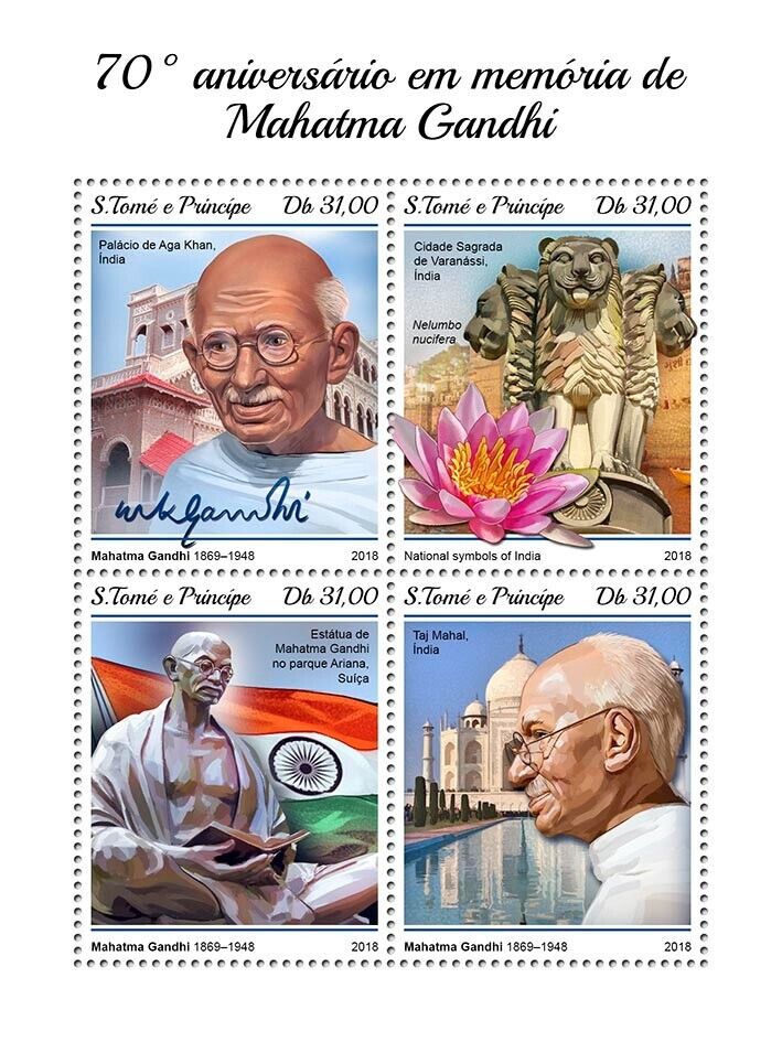 Sao Tome 2018 Mahatma Gandhi 70th Death Aniv Ashoka Taj Mahal M/S MNH
