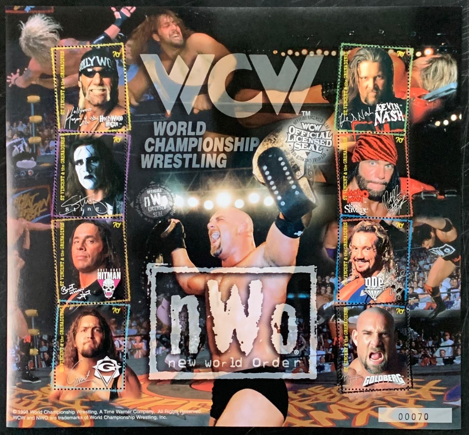 St. Vincent & The Grenadines 1999 WWE Hulk Hogan Gold Berg etc Sheet of 8 stamps M/S MNH