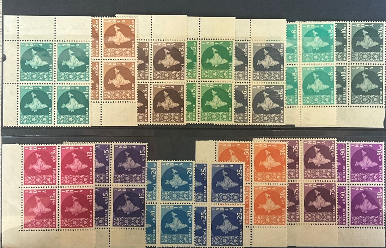 India 1957 3rd Definitives Series Maps Star Watermark Complete Set in Blocks of 4 MNH