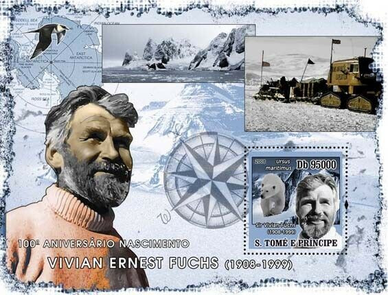 Sao Tome 2008 Vivian Fuchs Antarctic Bird Polar Bear M/S MNH