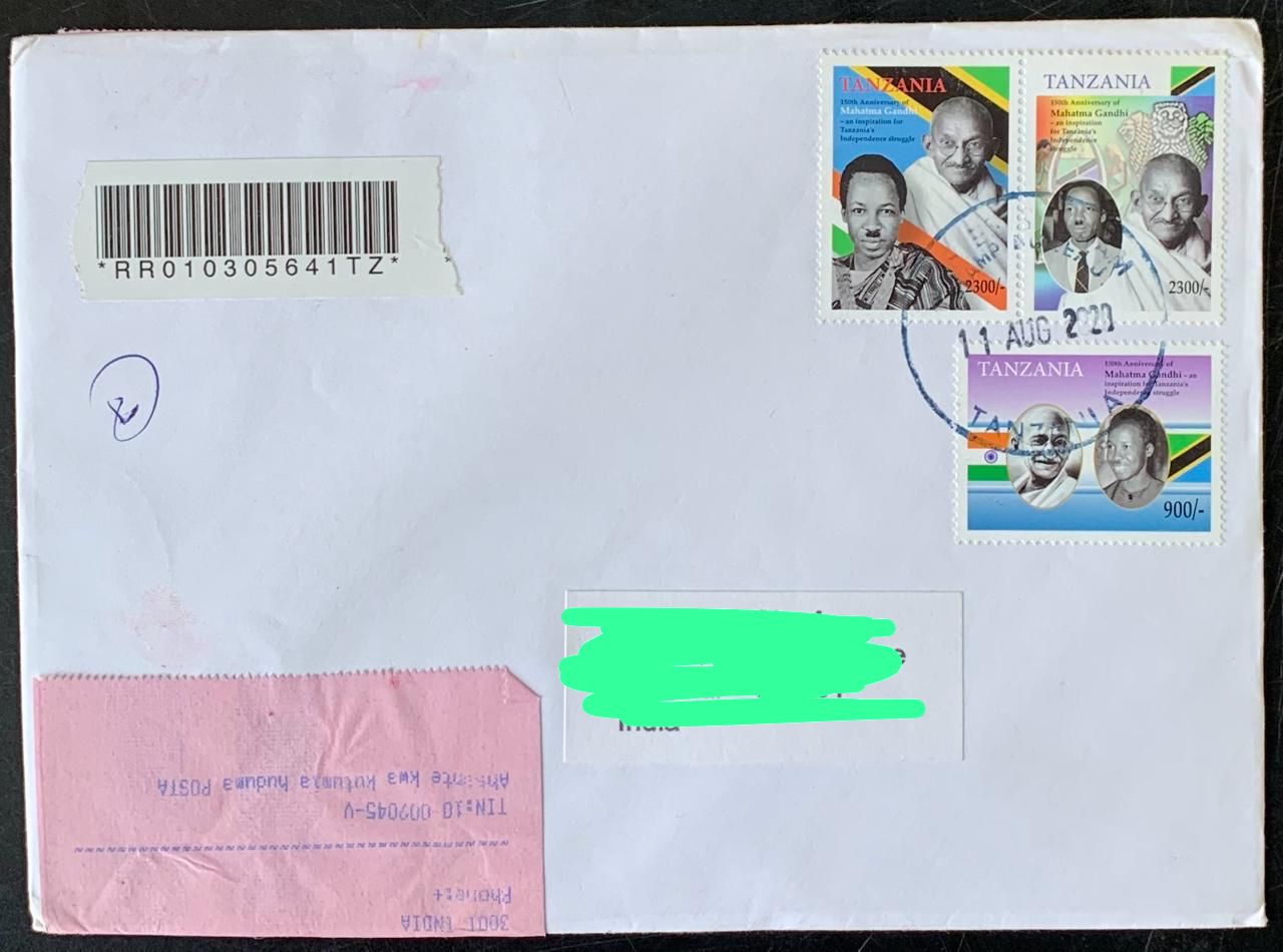 Tanzania 2019 Mahatma Gandhi Stamps Set used Commercially on Registered Cover RareTanzania 2019 Mahatma Gandhi Stamps Set used Commercially on Registered Cover RareTanzania 2019 Mahatma Gandhi Stamps 