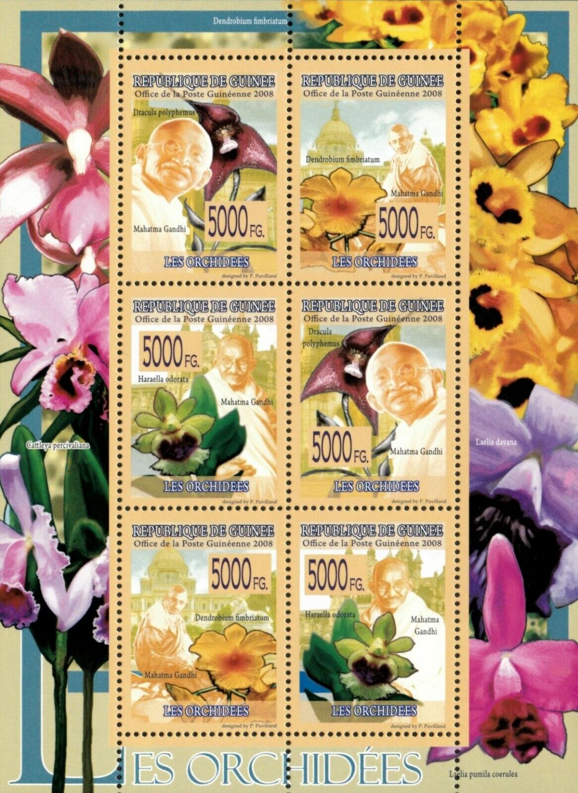Guinee 2008 Mahatma Gandhi Orchids Flowers M/S MNH