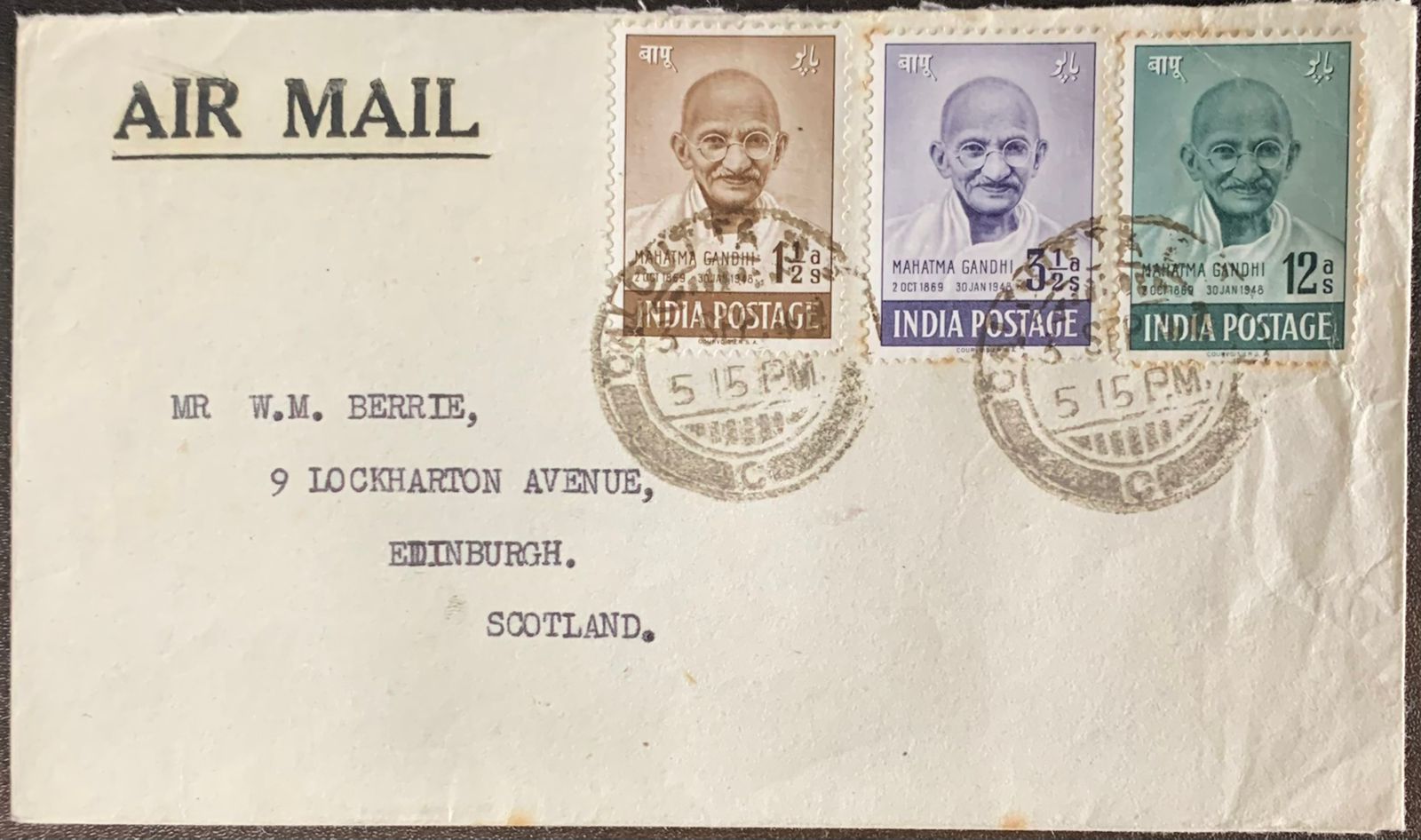 India 1948 Mahatma Gandhi 3v Cover to Scotland