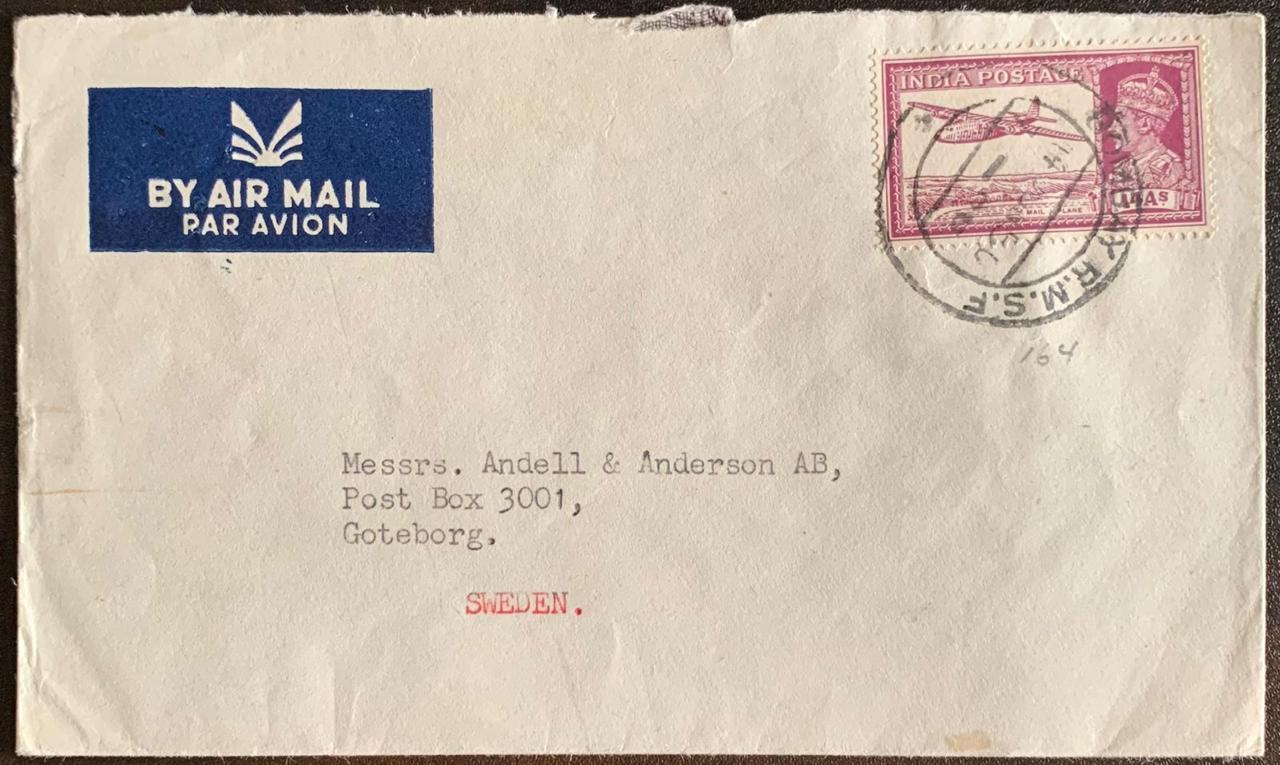 India 1950 KGVI Cover with 14as Bombay RMSF to Sweden