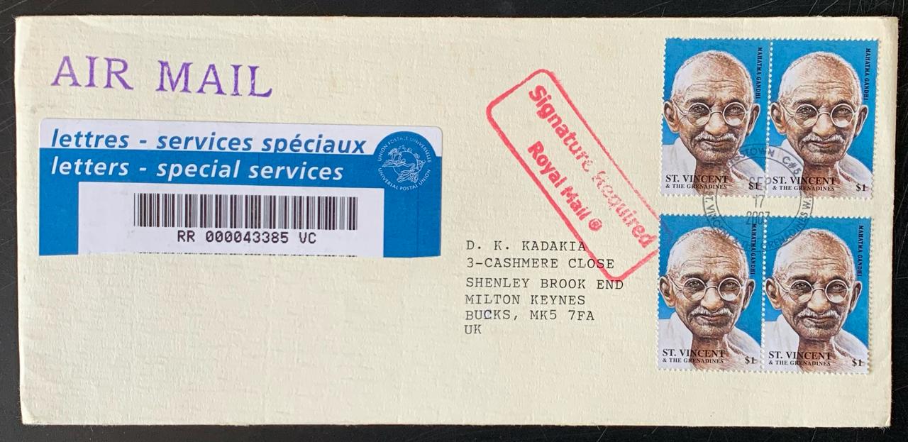 St Vincent 1998 Mahatma Gandhi Stamps used Commercially Registered on Cover to UK