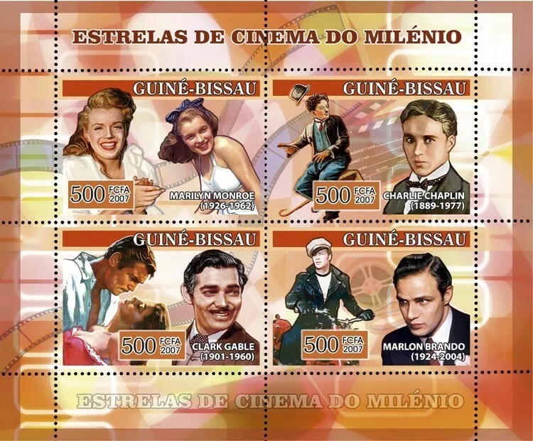 Guinea Bissau 2007 Century Cinema Marilyn Monroe Charlie Chaplin Clark Gable Marlon Brand M/S MNH