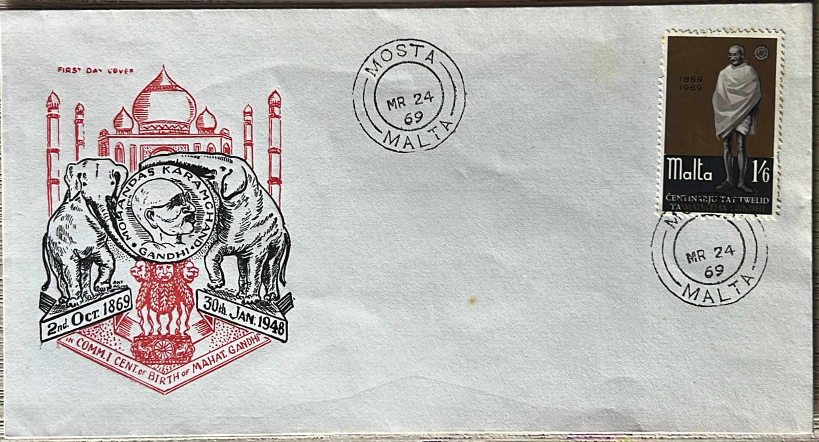 Malta 1969 Mahatma Gandhi TaJ Mahal Catchet FDC