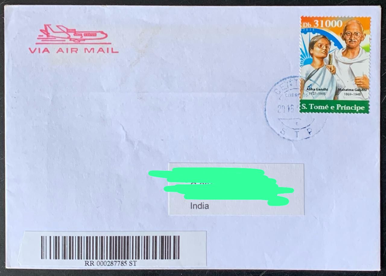 Sao Tome 2015 Mahatma Gandhi Stamp used Commercially on Registered Cover ( Extremely Rare Country to get Cover from) Dely Cancellation on back.