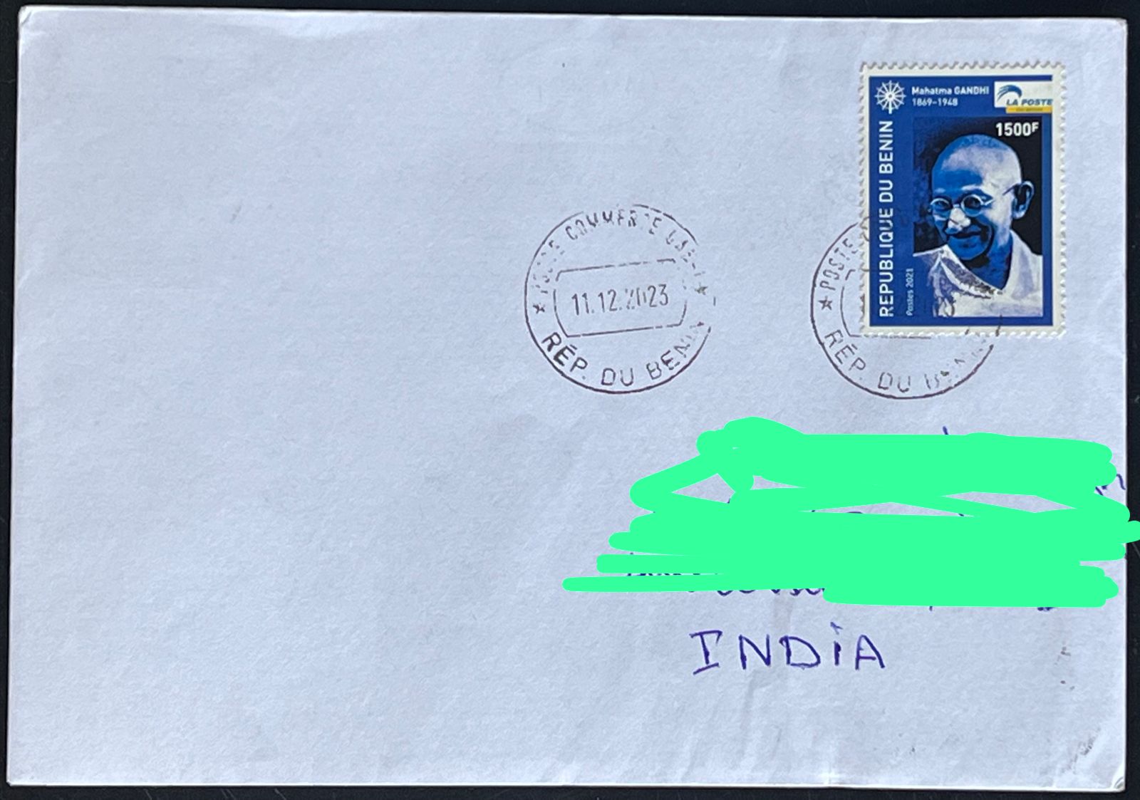 Benin 2021 Mahatma Gandhi Stamp used Commercially on Cover with Dely Cancellation on back( Rare Country to get cover from)