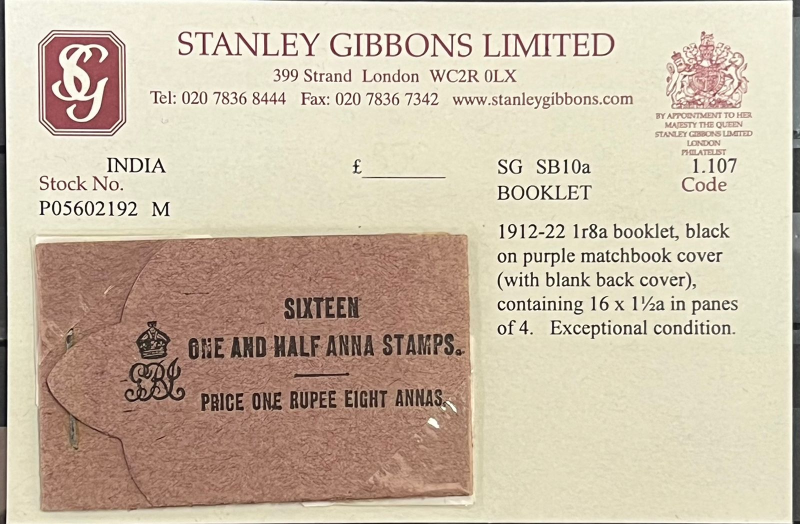 India 1912 KGV SB10a Booklet Complete Unexploded Rare Cat Val £700