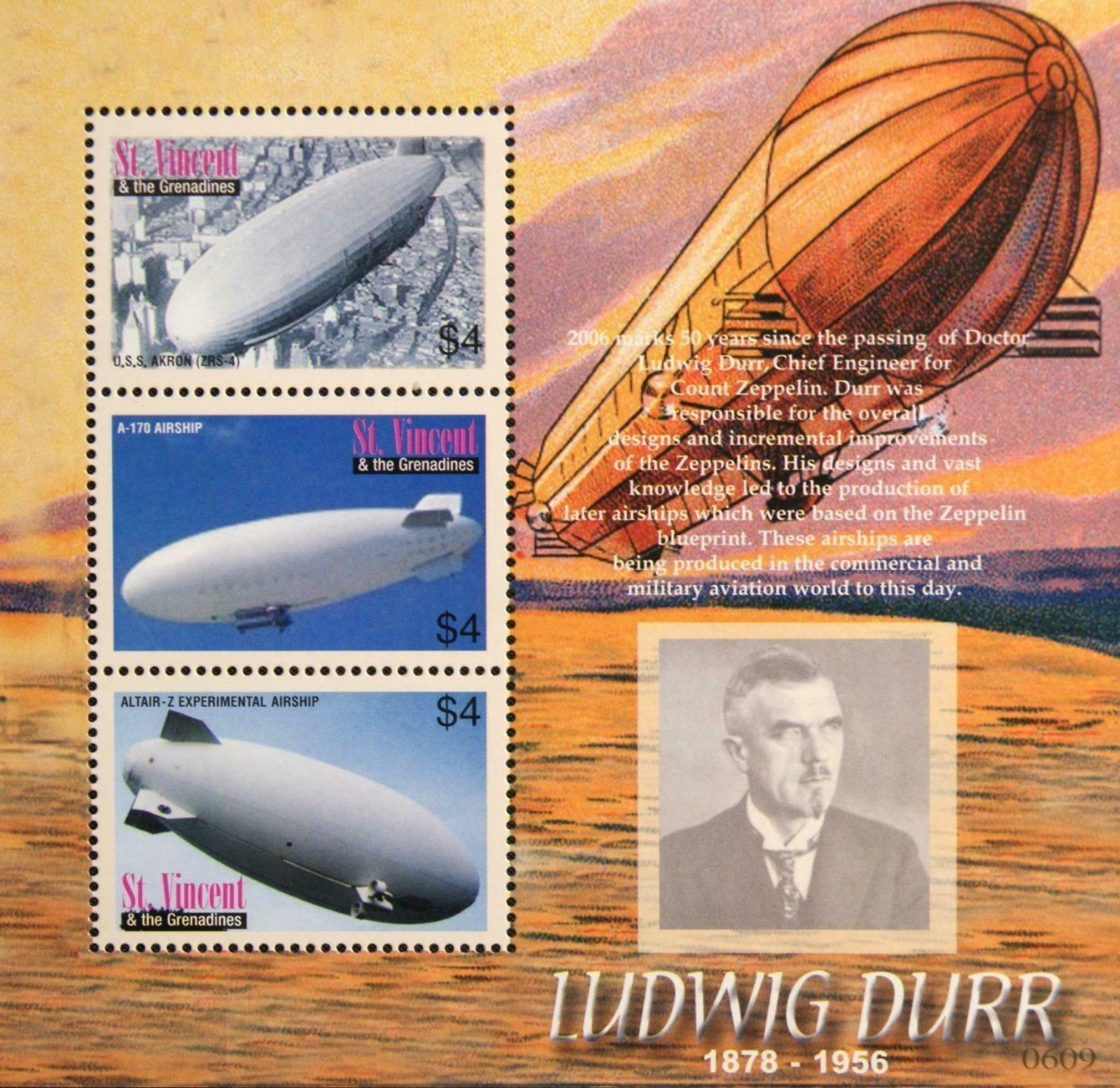 St.Vincent 2006 Ludwig Dürr Zeppelin Luftschiff Airship Aviation M/S MNH