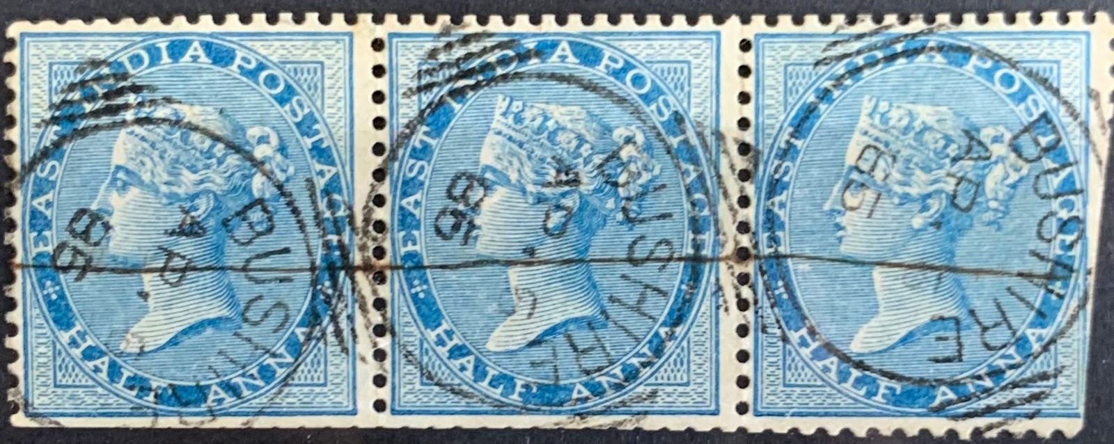 India 1876 QV 1/2a Strip Used Abroad in BUSHIRE Fine Cancelled