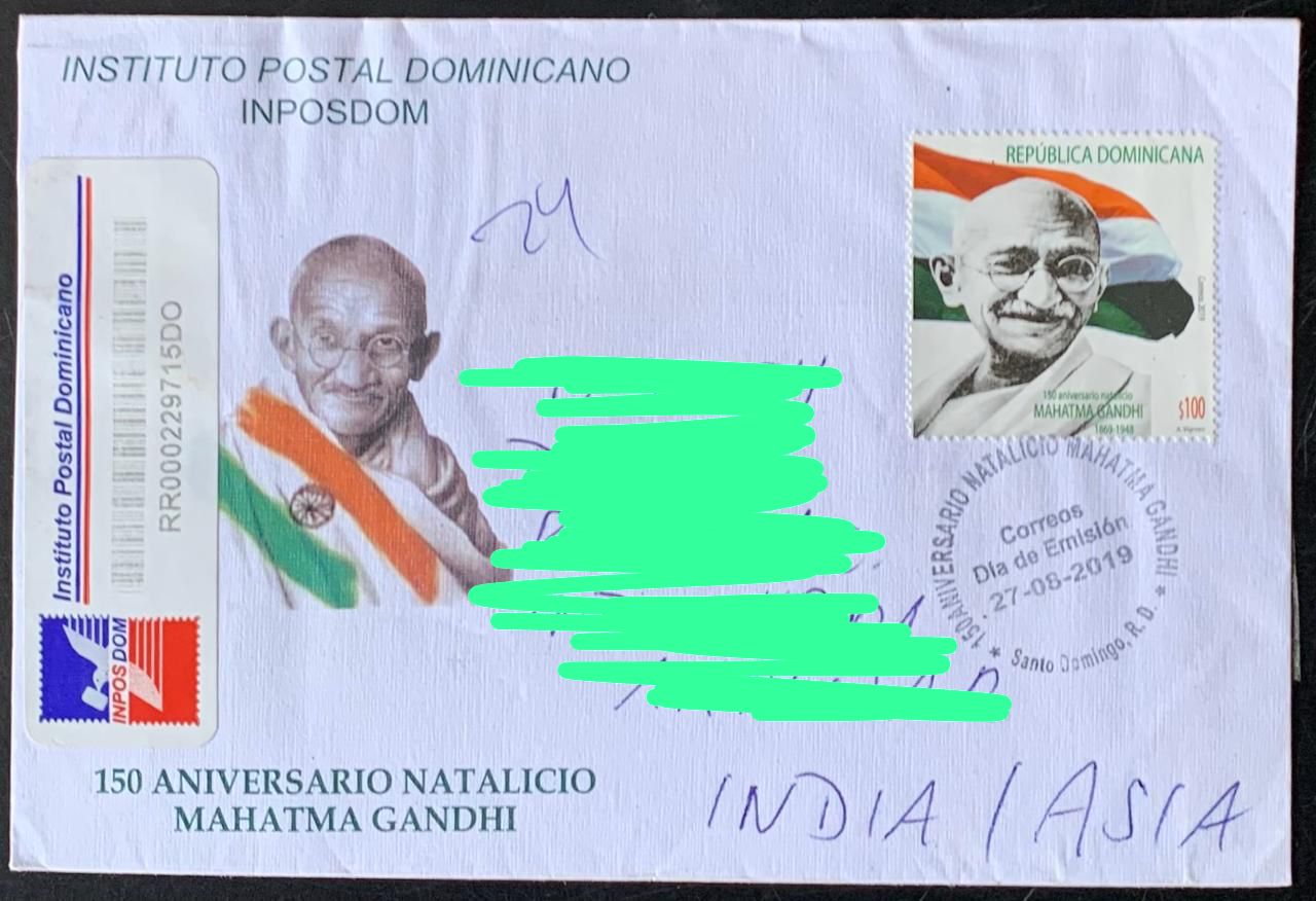 Dominican Republic 2019 Mahatma Gandhi Stamp used Commercially on Registered First Day Cover (  Rare Country to get Cover from)