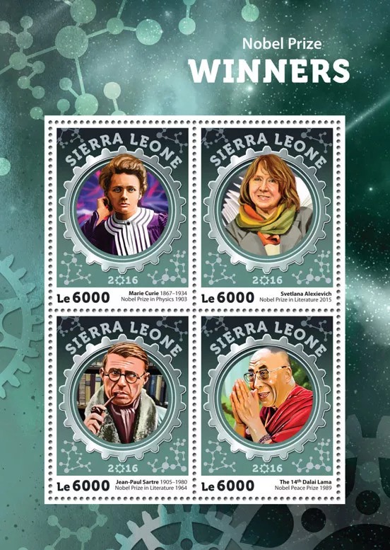 Sierra Leone 2016 Nobel Prize Winners Dalai Lama Marie Curie M/S MNH