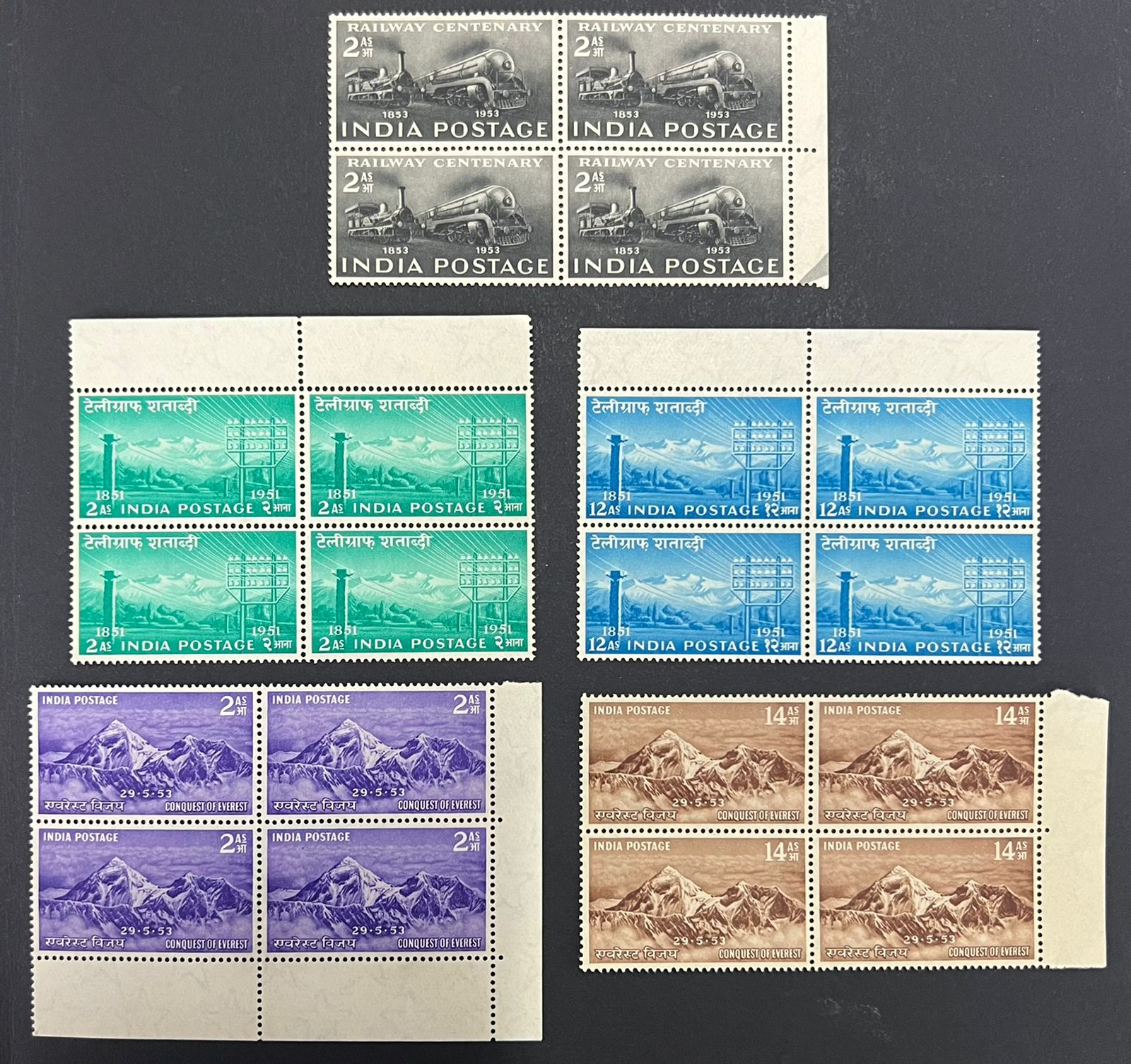India 1953 Year Set Complete Everest Telegraph Blocks of 4 MNH White Gum Cat