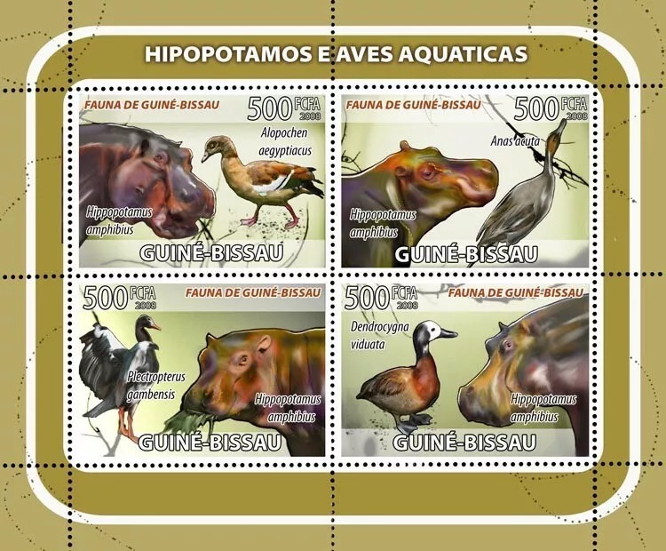 Guinea Bissau 2008 Hippos Birds M/S MNH
