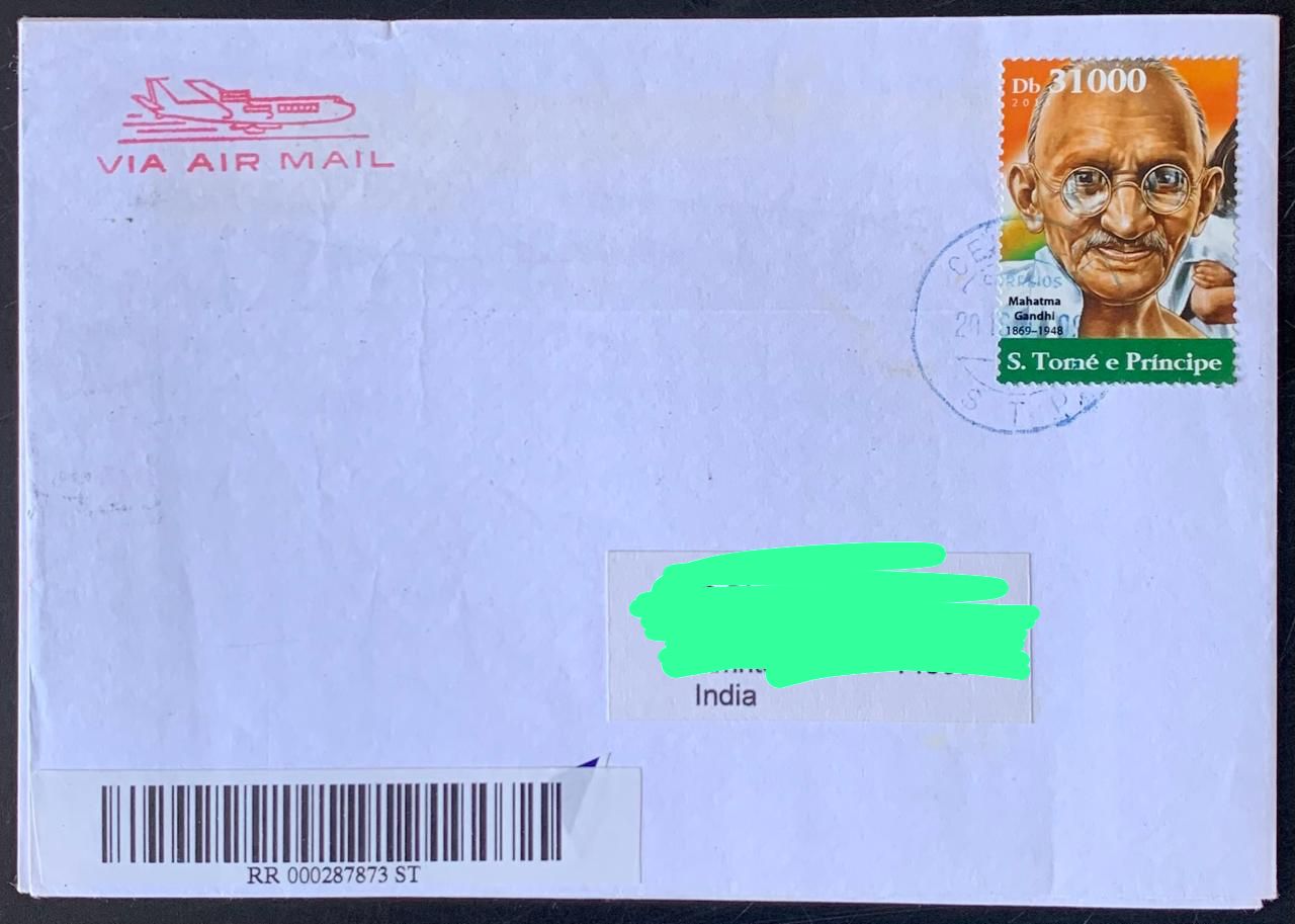 Sao Tome 2015 Mahatma Gandhi Stamp used Commercially on Registered Cover ( Extremely Rare Country to get Cover from) Dely Cancellation on back.