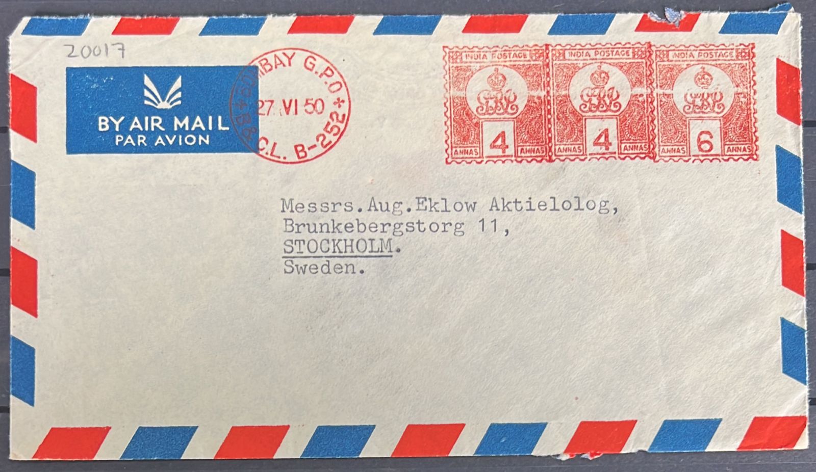 India 1950 4as Franking Cover to Sweden Scarce