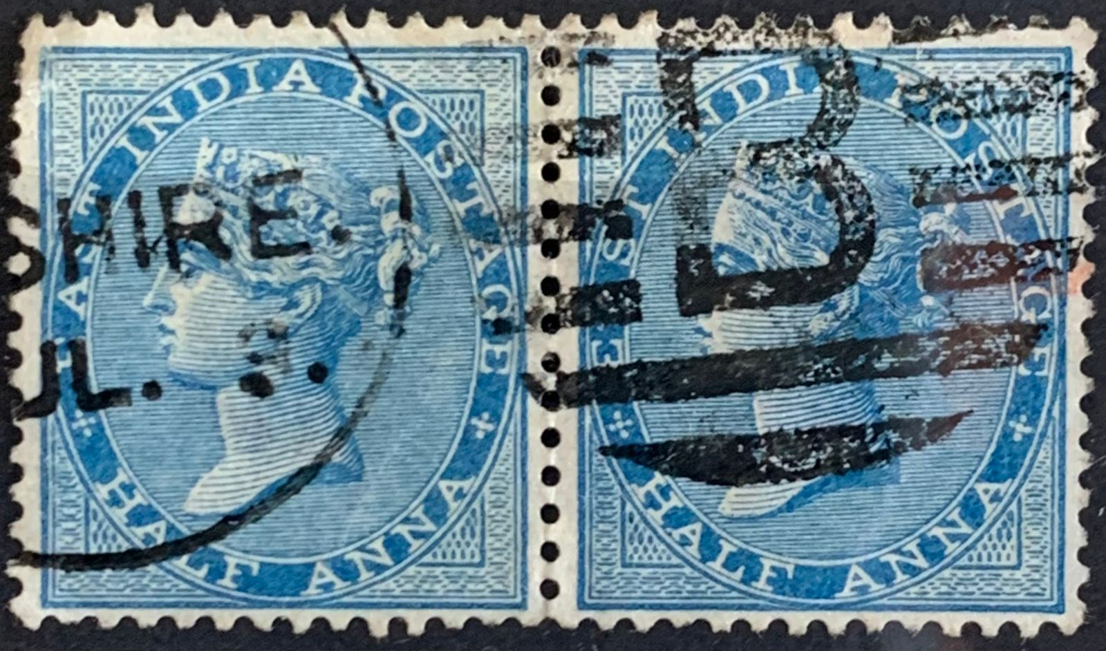 India 1876 QV 1/2a Pair Used Abroad in BUSHIRE Fine Cancelled